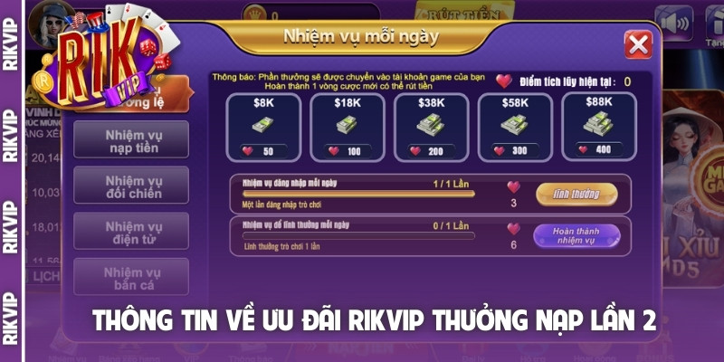 Thông tin về ưu đãi Rikvip thưởng nạp lần 2